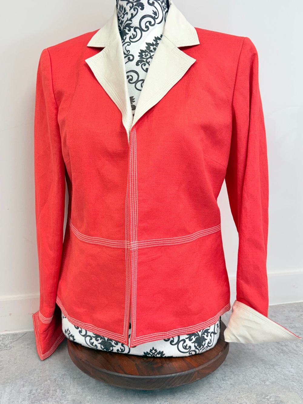 Kasper Petite Coral Linen Blend Contrast Stitch Blazer Size 8P